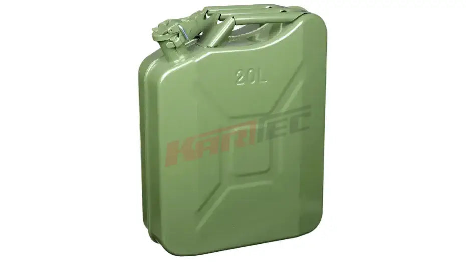 Olivgrüner benzin kanister 20l metall mit verstärkter konstruktion und integriertem griff in militärischem design