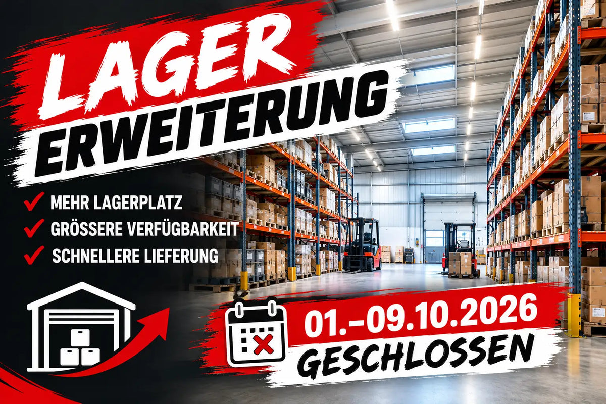 Das Bild zeigt eine rote und weiße Werbebotschaft mit fett gedrucktem Text, der „lager erweiterung“ über einem Industrie-Lagerhallen-Interieur bewirbt.