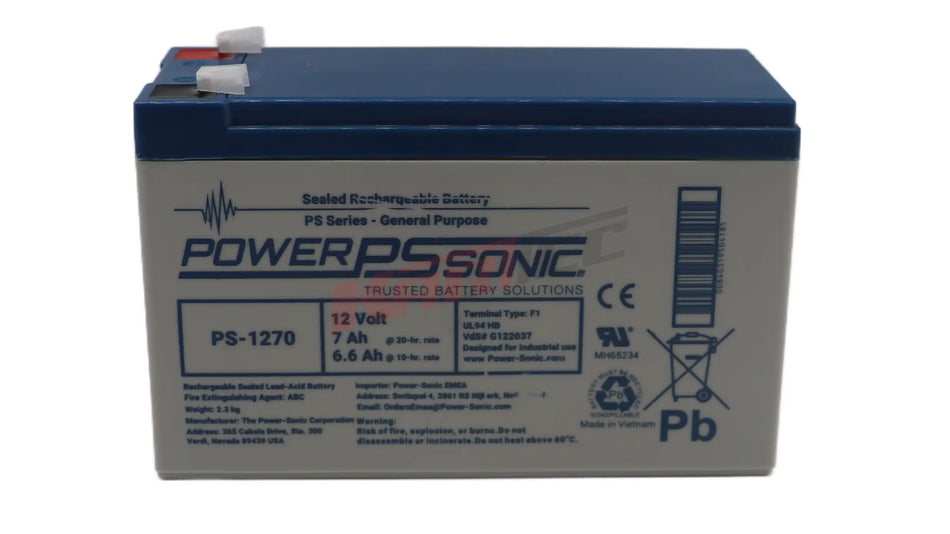 Blaue und weiße powersonic ps-1270 12 volt blei-akku 12 v 7 ah mit roten und schwarzen polen