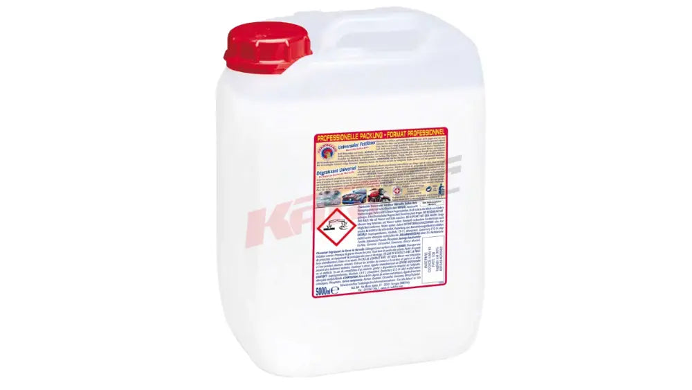 Weiße kunststoffflasche mit rotem verschluss und sicherheitssymbolen des chanteclair fettlöser marseille 5 l im kart shop