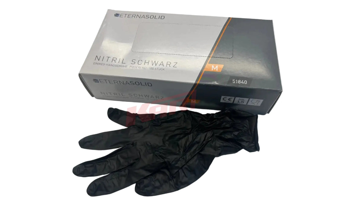 Einweghandschuhe nitril schwarz von eternasolid in größe m im eleganten grauen und schwarzen pack mit orange akzent