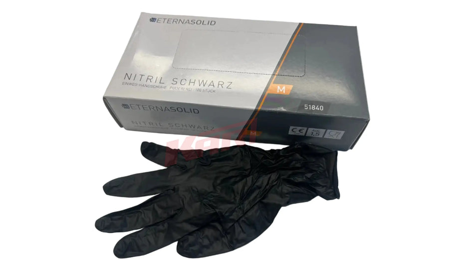 Einweghandschuhe nitril schwarz von eternasolid in größe m im eleganten grauen und schwarzen pack mit orange akzent