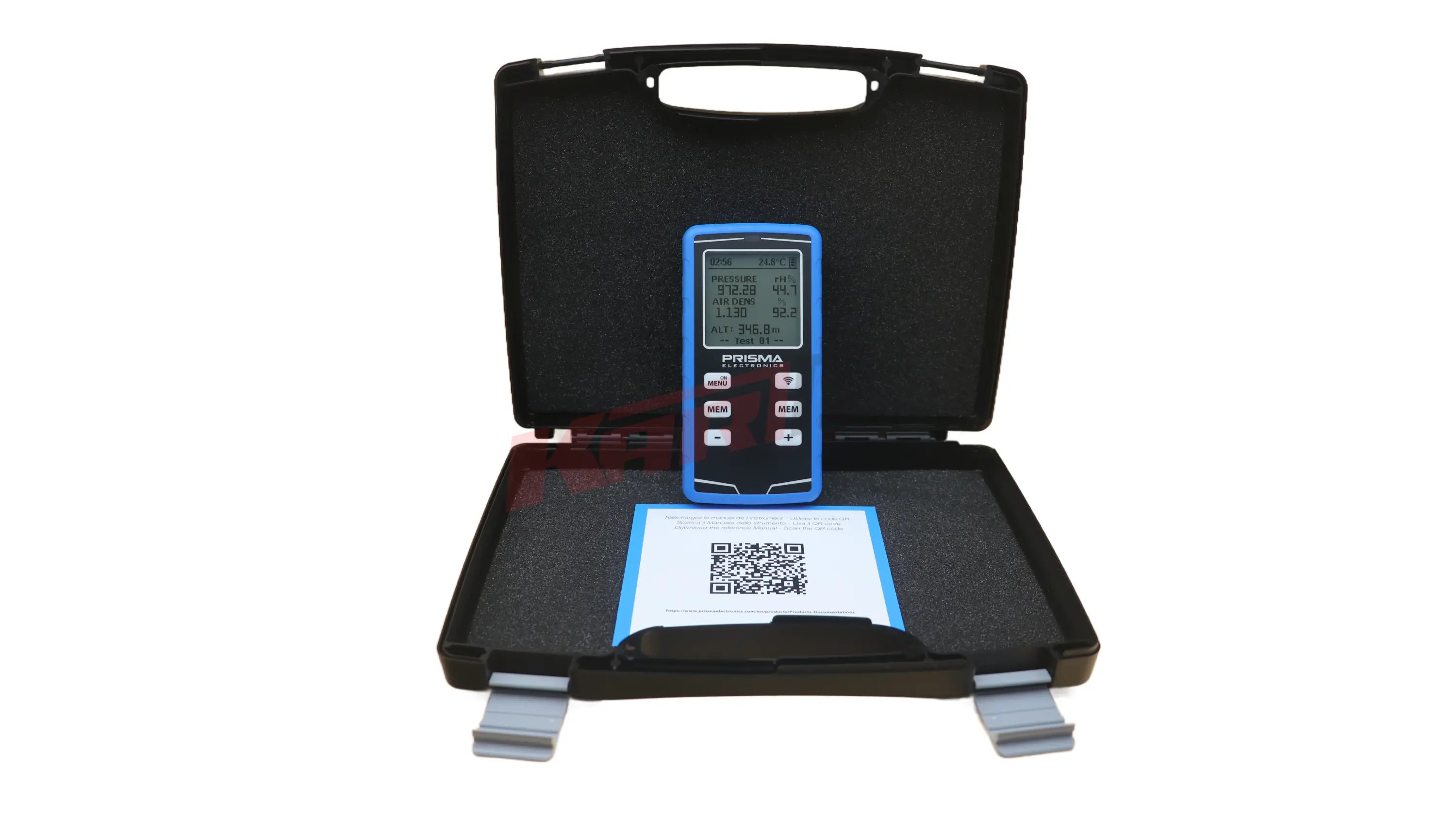 Prisma airpro densimeter blau rechteckig mit schwarzer unterbringung und digitalem display im schutzkoffer