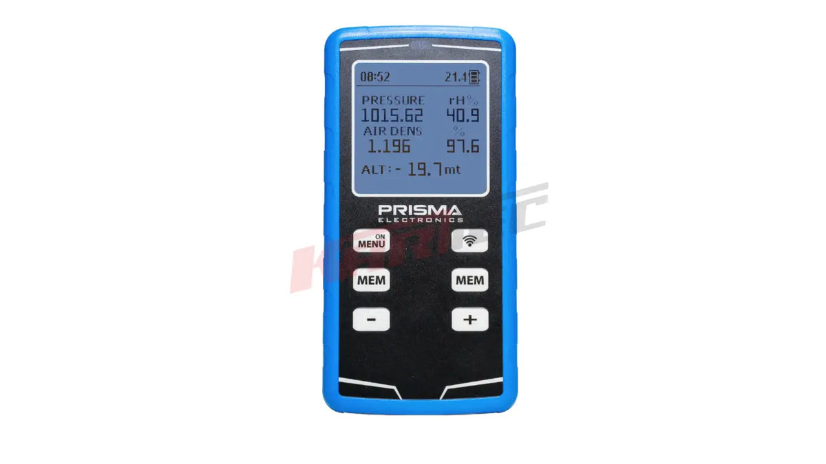 Blau-schwarzes prisma airpro densimeter mit display für druck ph luftdichte und höhe in koffer