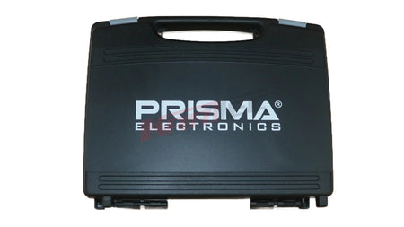 Schwarzer kunststoff-koffer mit prisma electronics logo für prisma reifendruckanzeige hpm5 und stoppuhr