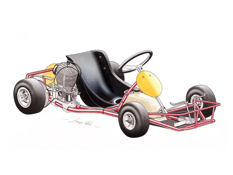 Rot gerahmtes Go-Kart mit schwarzem Sitz, silbernem Motor und gelbem Frontschutzblech.