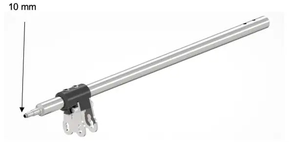 Silberner Metallstab mit schwarzem Kunststoffverbinder und Befestigungsbügel.