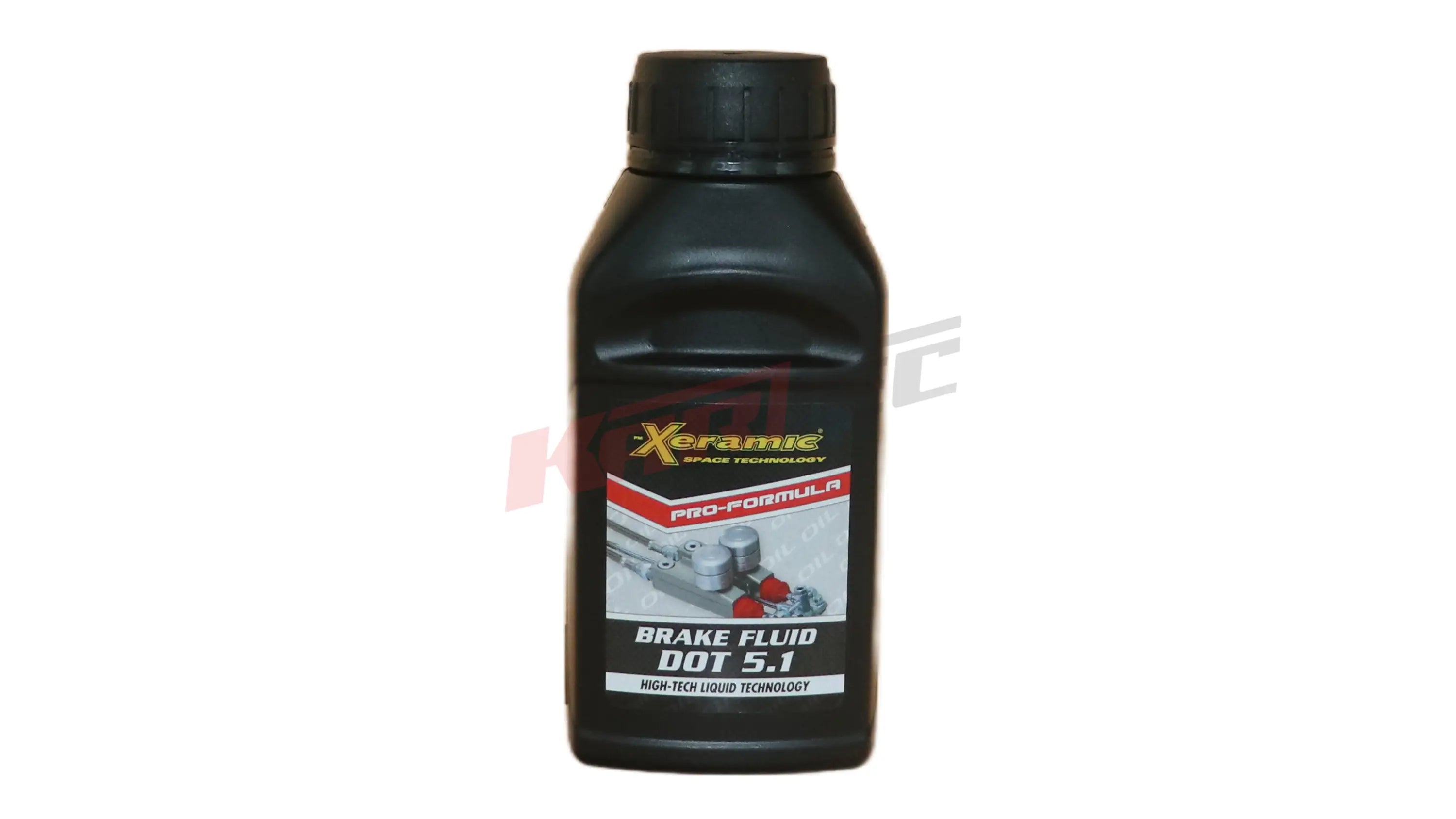 Schwarze kunststoffflasche xeramic dot 5.1 bremsflüssigkeit mit schwarzem deckel und rotem weißem silbernem etikett für kart shop