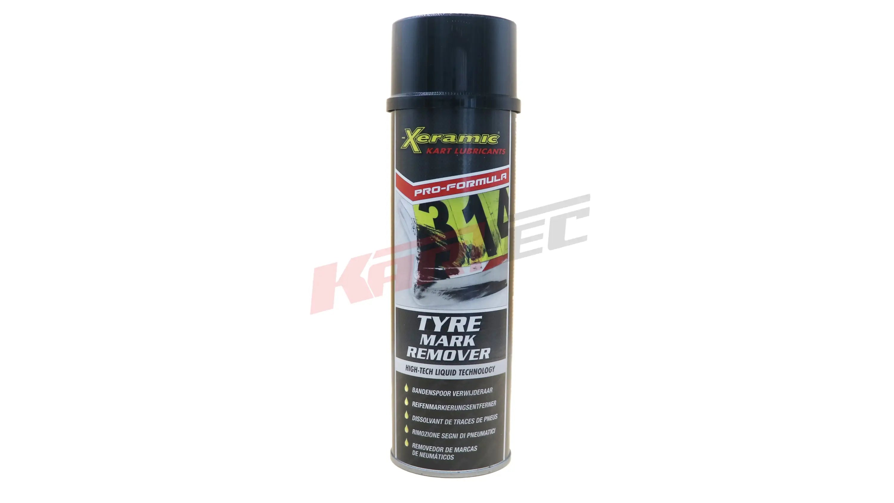 Schwarze aerosoldose xeramic pro-formula reifenfleckenentferner 500 ml mit silbernem etikett und grünen akzenten für kart shop