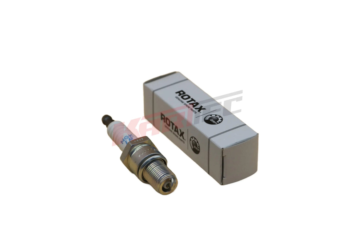 Zündkerze ngk rotax gr8di-8 mit metallischem gewinde und weißem keramikisolator neben originalverpackung